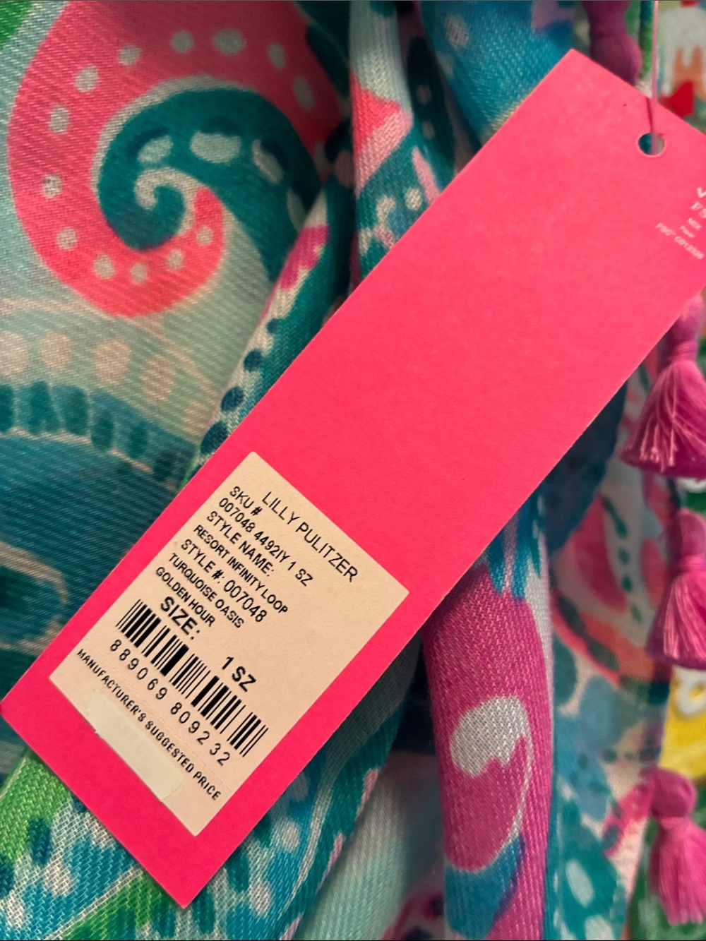 Lilly Pulitzer Pink & Teal Floral Tassel scarf. Shawl - Picture 2 of 4